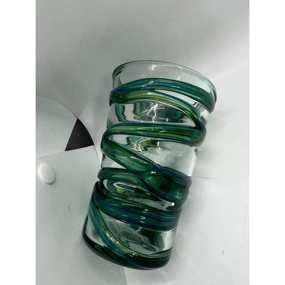2 Hand mouth blown drinking glass blue green swirl stripes small vase art